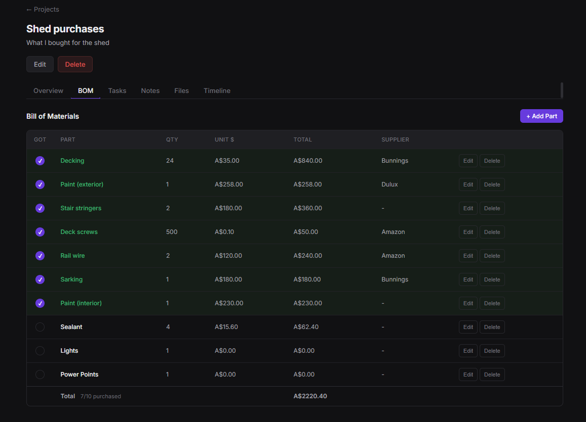Buildbase bill of materials tracker